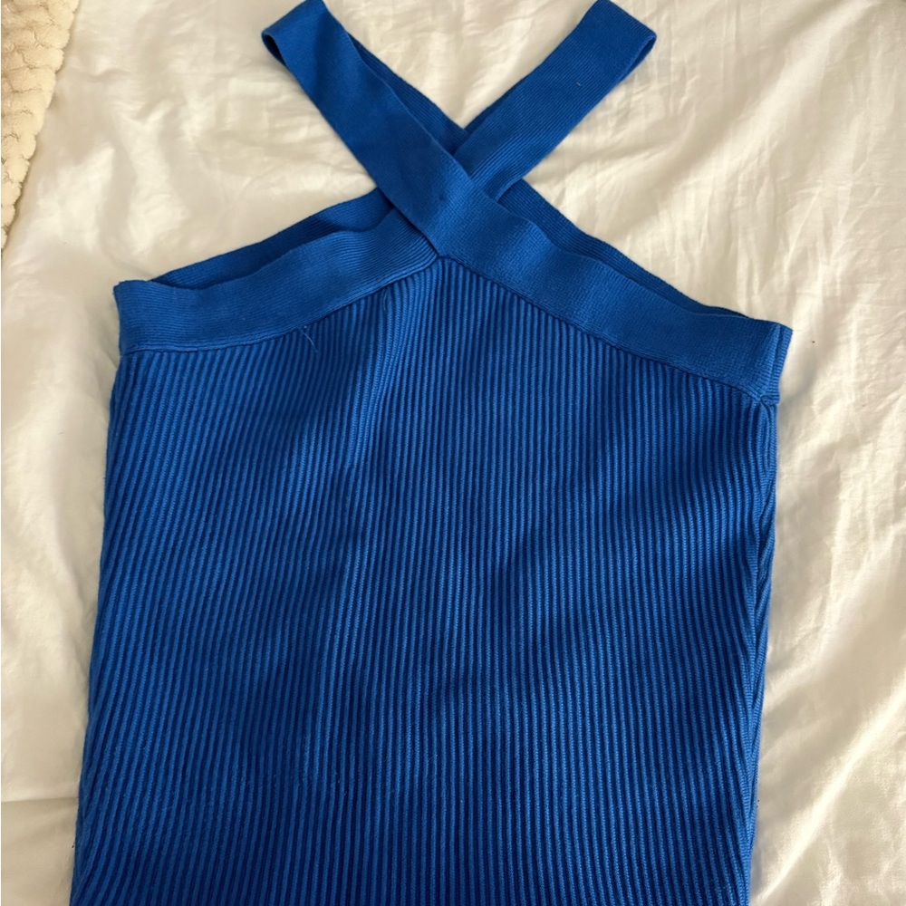 Blue Ribbed Cross-Back Top